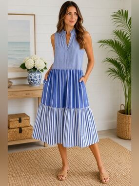 J.CREW Blue & White Stripe Tiered Midi Dress with Pockets